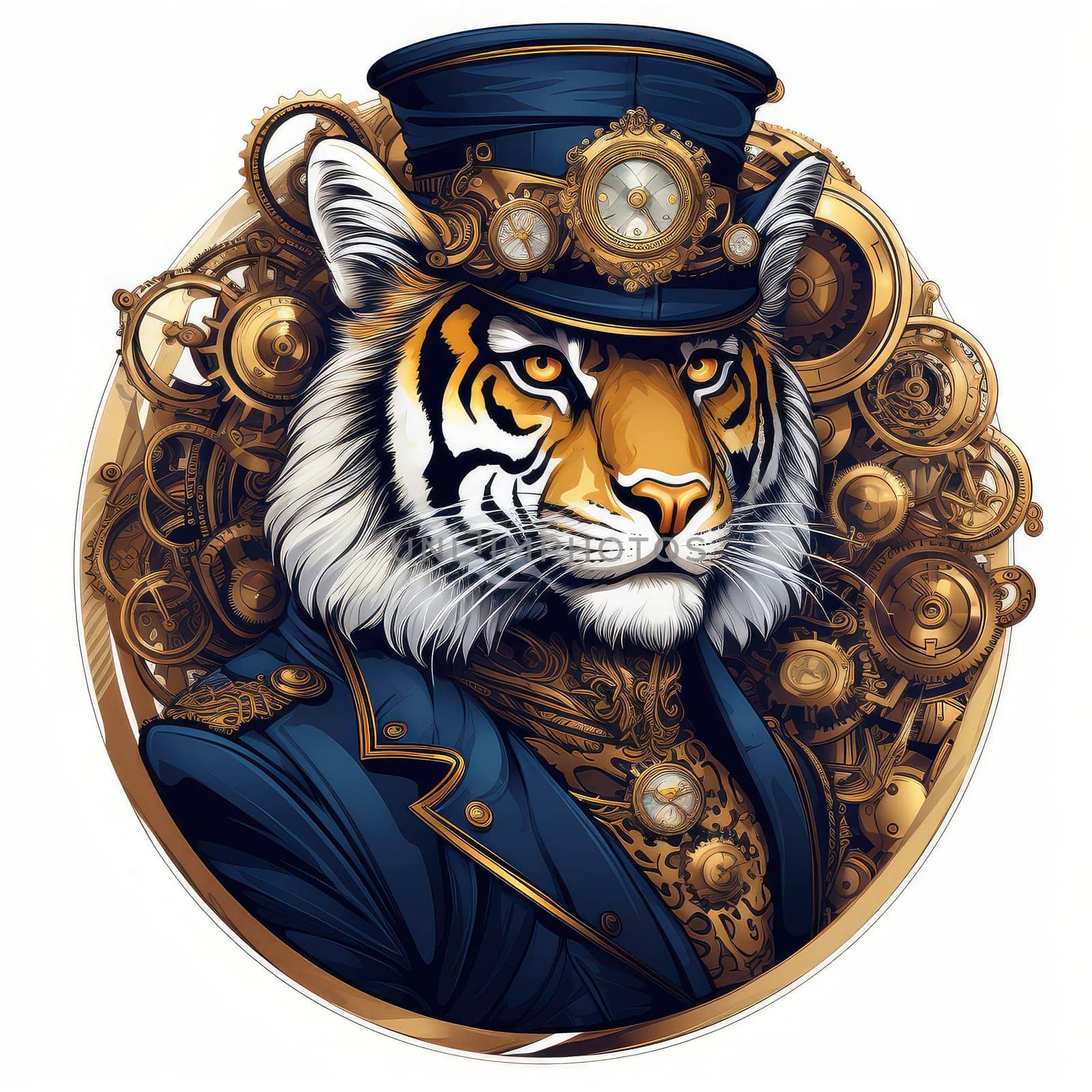 Majestic tiger in a steampunk theme with mechanical gears and wheels. Graphic design element for sticker, poster, t-shirt print, etc.