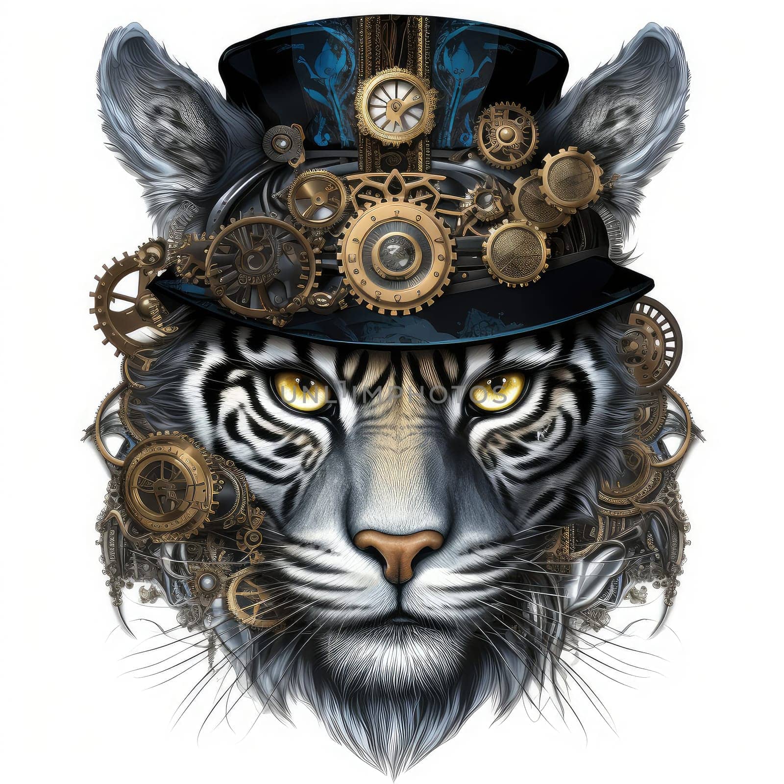Majestic tiger in a steampunk theme with mechanical gears and wheels. Graphic design element for sticker, poster, t-shirt print, etc.