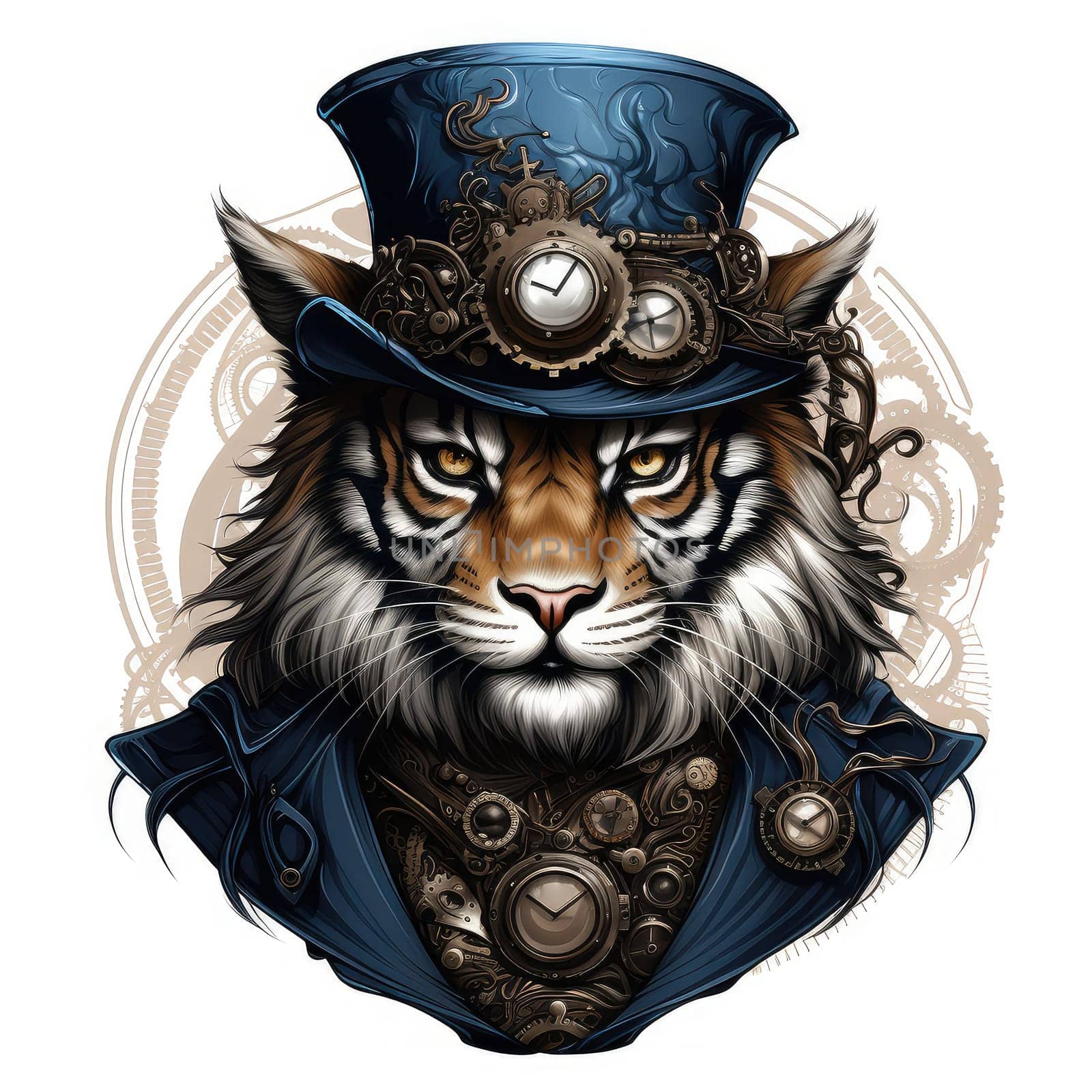 Majestic tiger in a steampunk theme with mechanical gears and wheels. Graphic design element for sticker, poster, t-shirt print, etc.