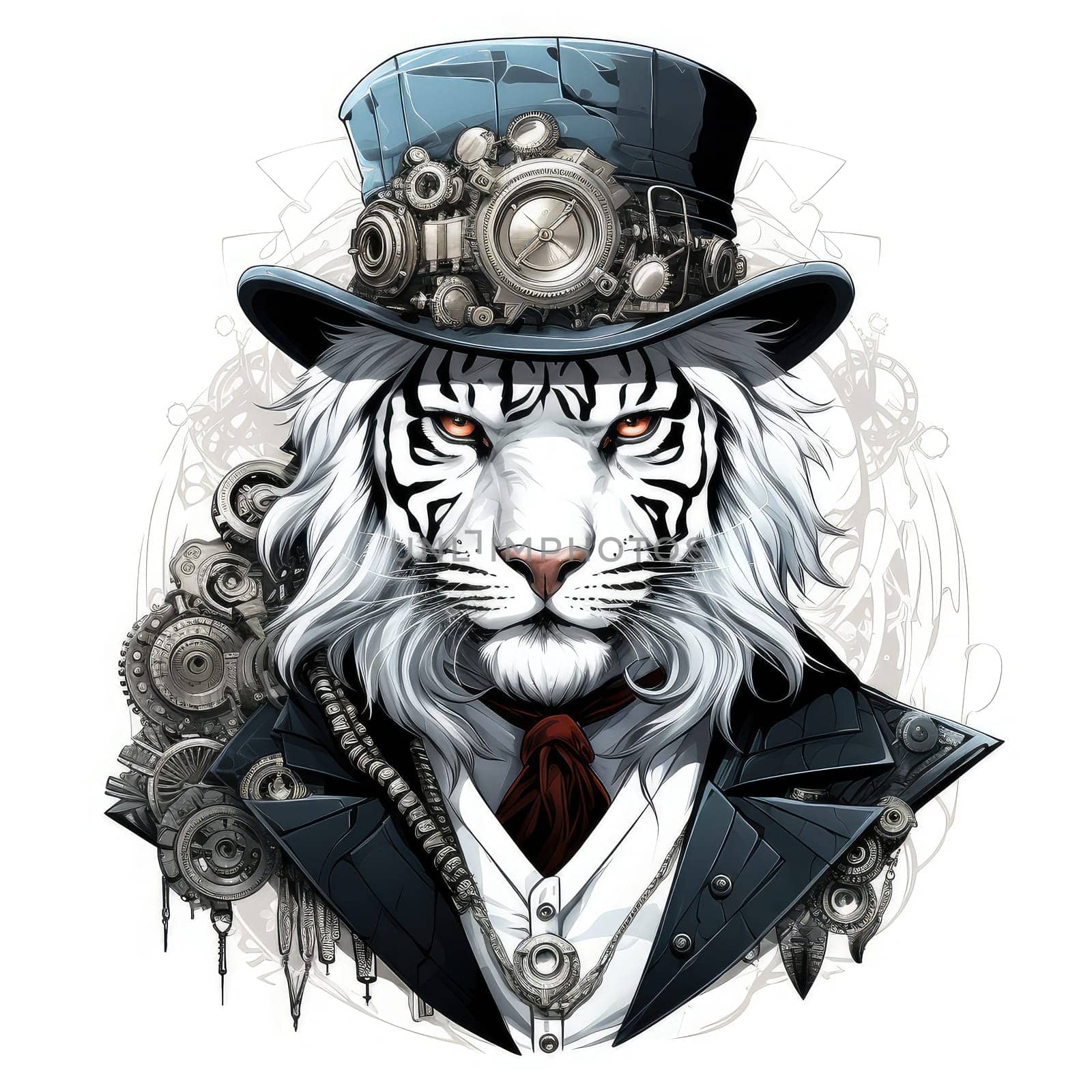 Majestic tiger in a steampunk theme with mechanical gears and wheels. Graphic design element for sticker, poster, t-shirt print, etc.