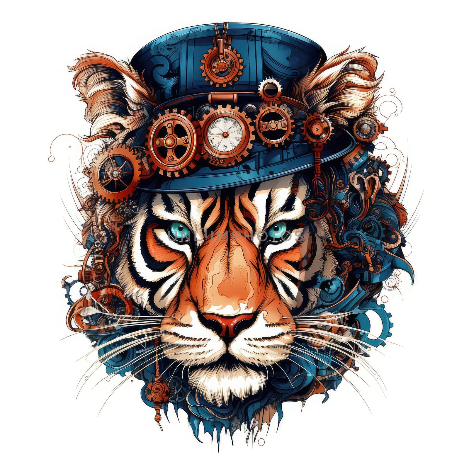 Majestic tiger in a steampunk theme with mechanical gears and wheels. Graphic design element for sticker, poster, t-shirt print, etc.