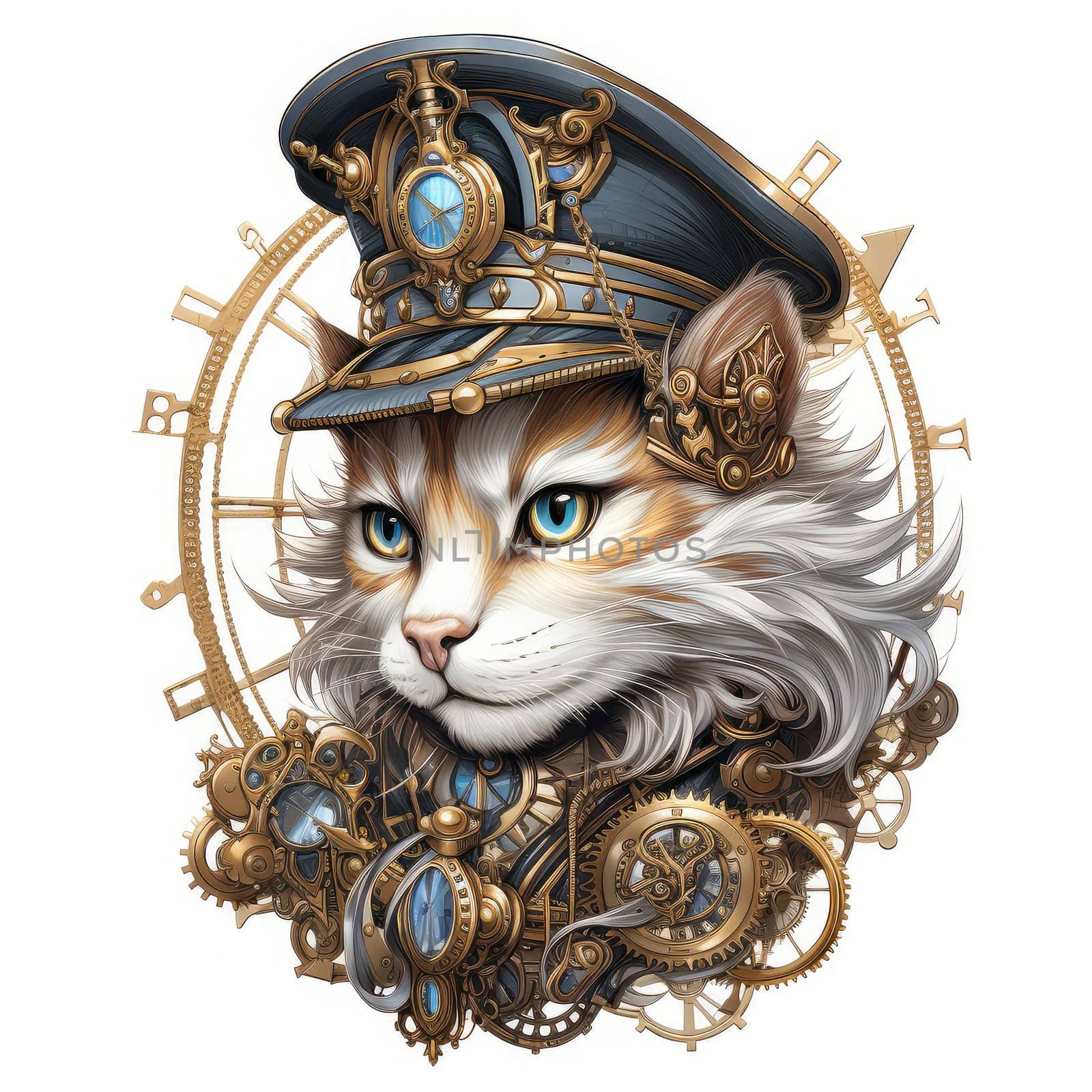 Majestic tiger in a steampunk theme with mechanical gears and wheels. Graphic design element for sticker, poster, t-shirt print, etc.