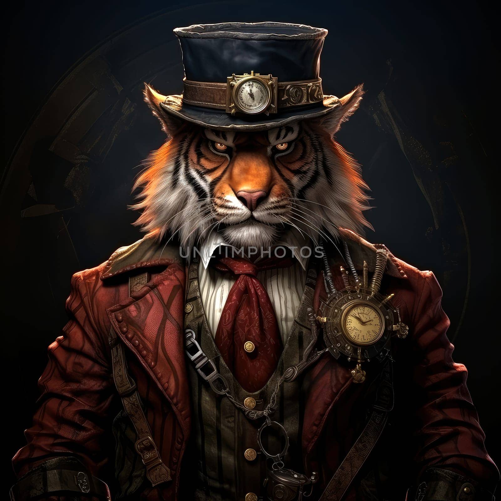 Majestic tiger in a steampunk theme with mechanical gears and wheels. Graphic design element for sticker, poster, t-shirt print, etc.