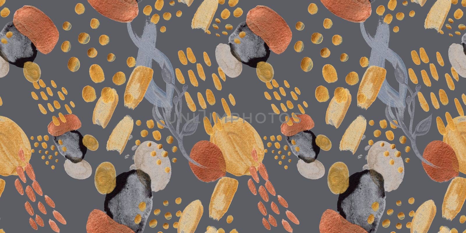 Seamless abstract pattern with gouache painted geometric shapes ovals and dots for textile design and autumn prints