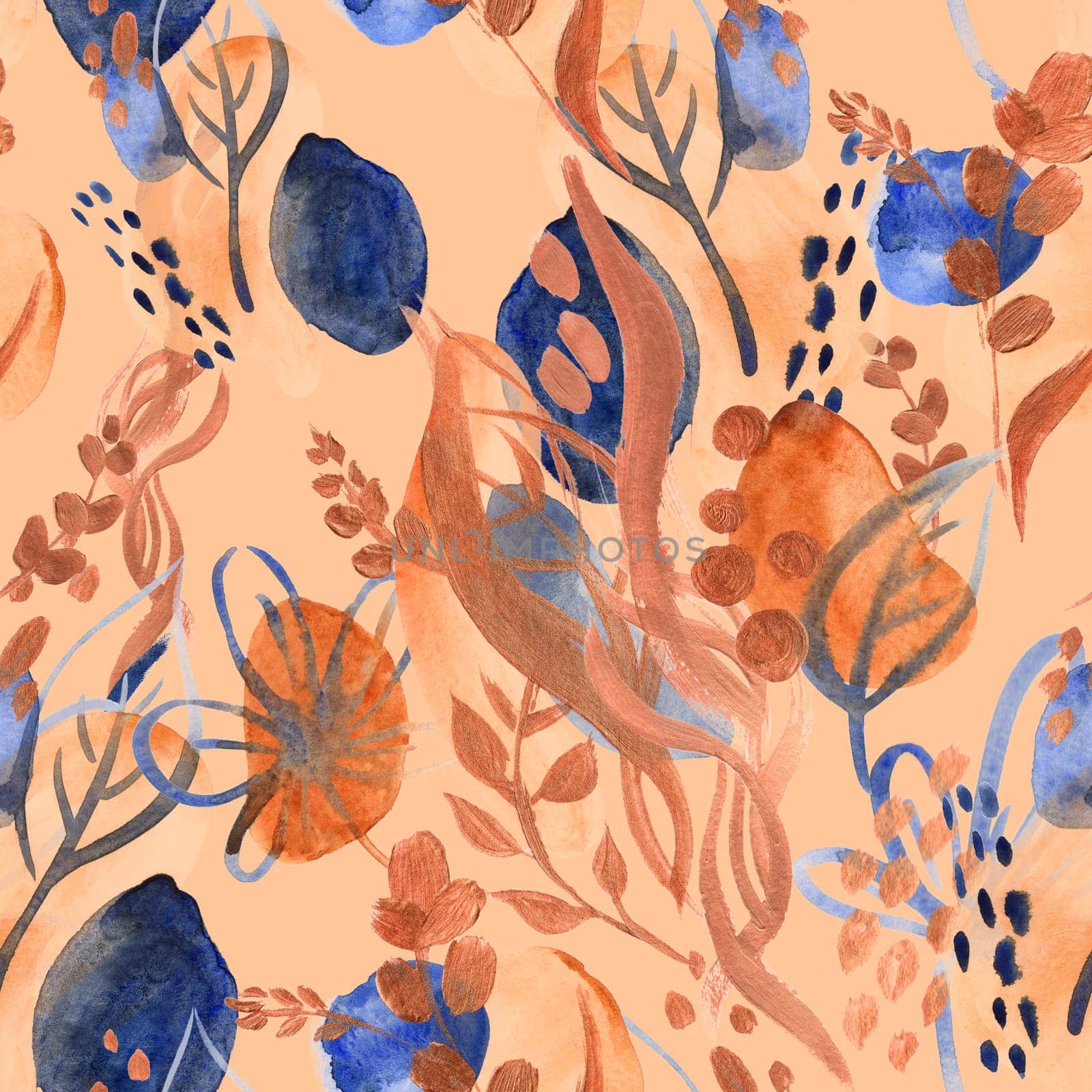 Seamless botanical pattern with gouache painted flowers and leaves flowers for textile design and autumn prints