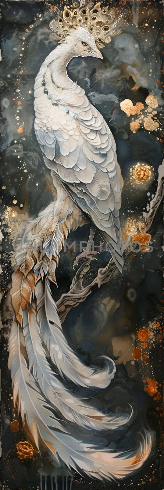 A white bird with gold feathers is perched on a branch. The bird is surrounded by a dark background, which creates a sense of depth and contrast. bookmark