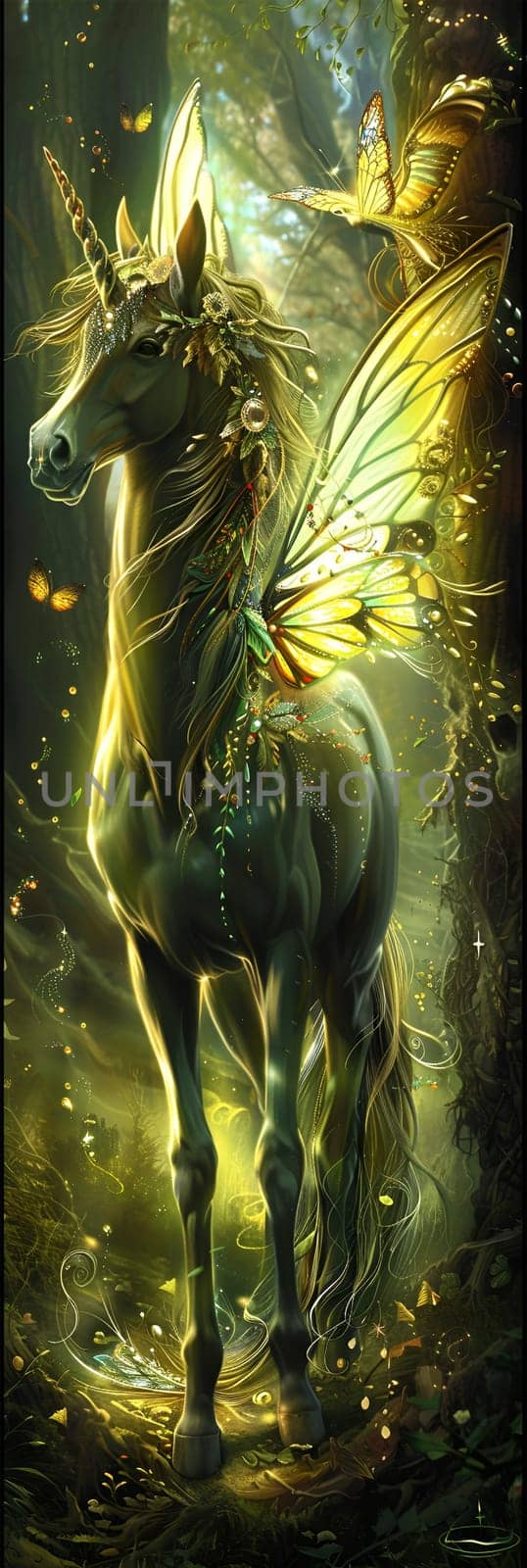 A unicorn with a butterfly on its back. The unicorn is surrounded by a forest and there are butterflies flying around it