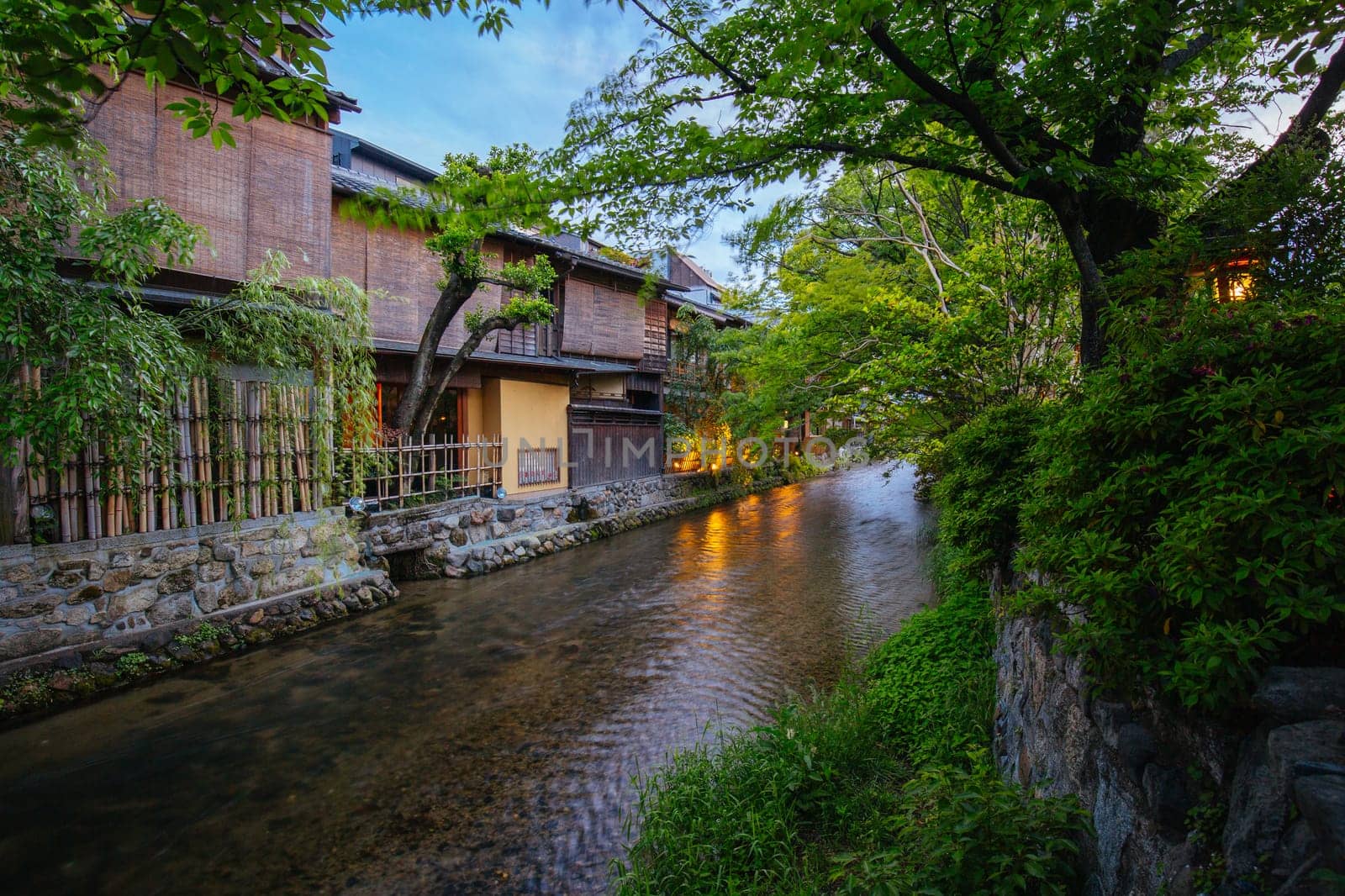 KYOTO, JAPAN - MAY 15, 2019: Beautiful traditional streetscape around Shirakawa Lane during the day in Higashiyama district in Kyoto, Japan