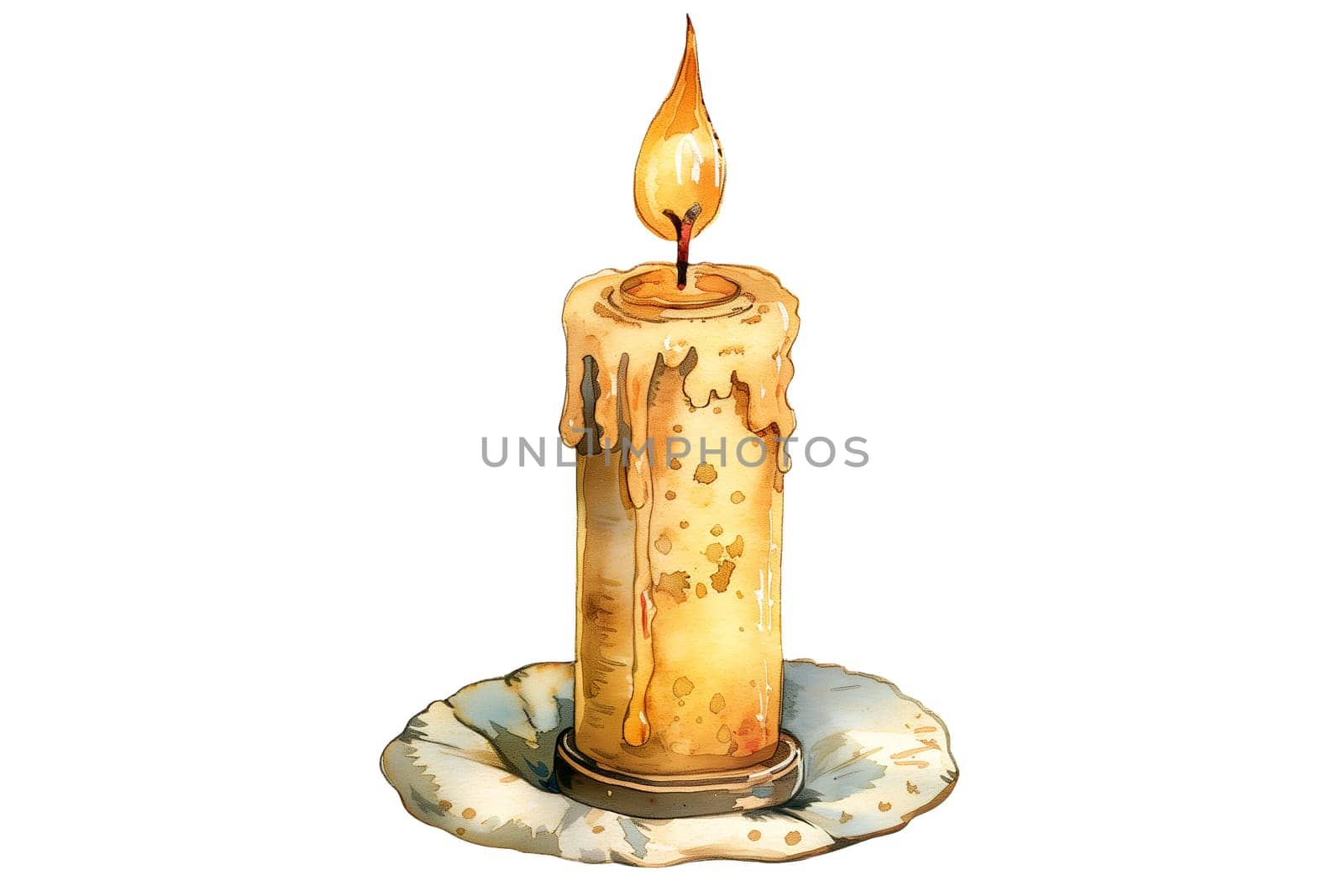 Vintage watercolor illustration of wax candle in had drawn style