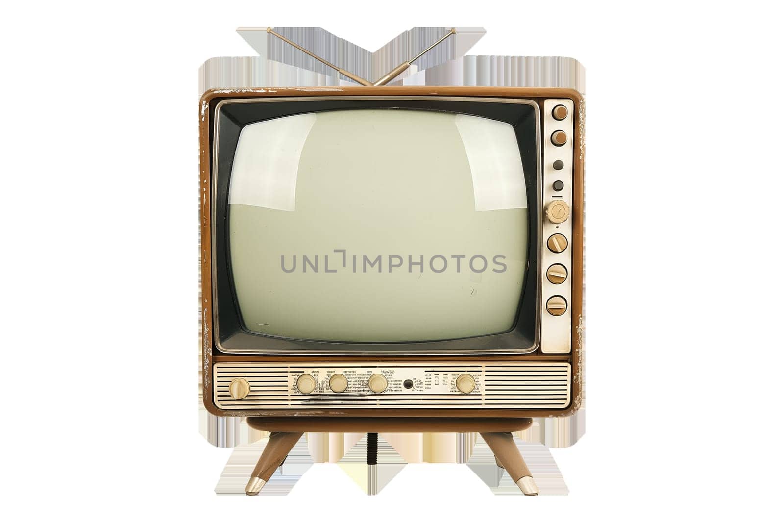 A vintage television set with a wooden stand