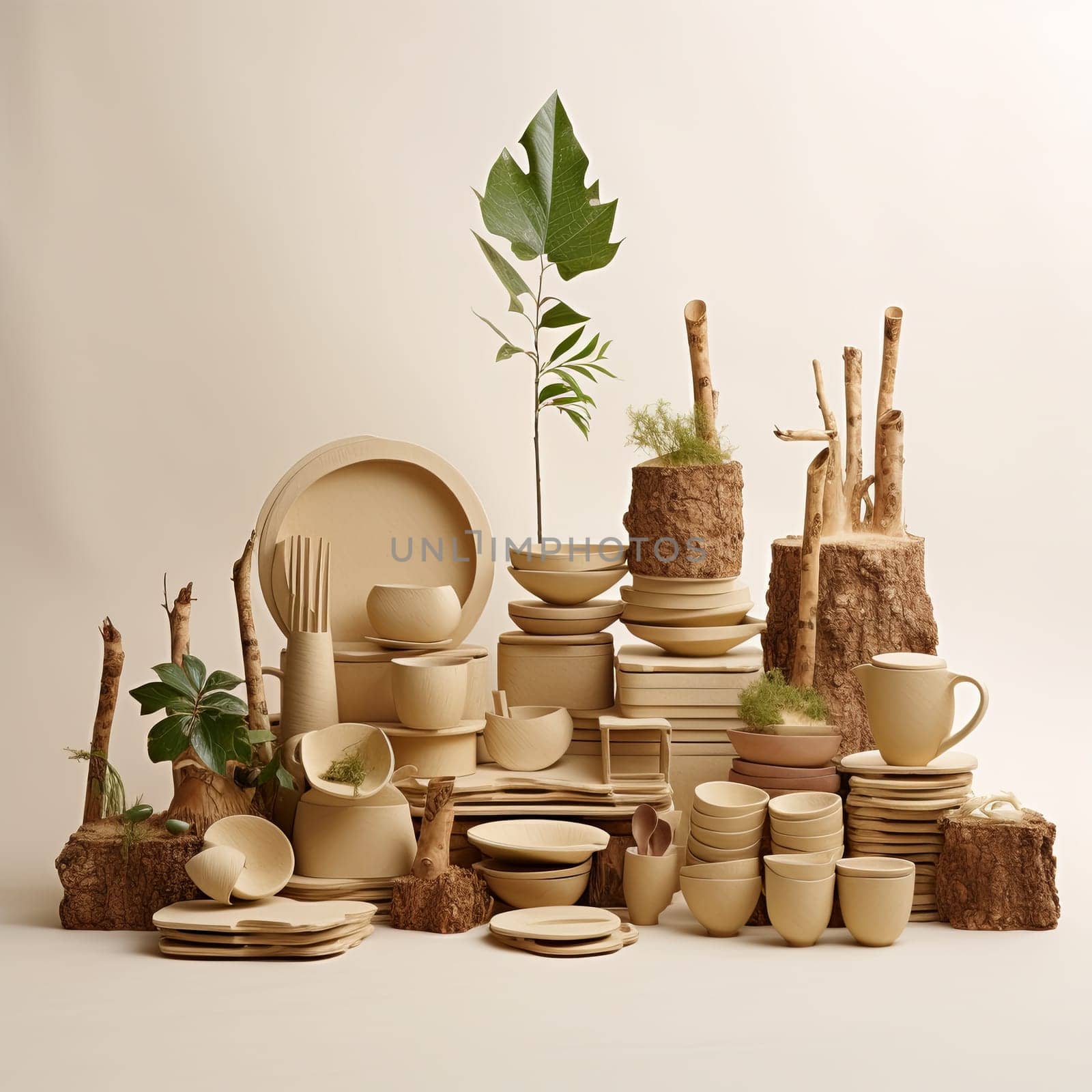 The image showcases various ceramic tableware like plates, bowls, cups, and vases on a solid color background. Colors include beige, brown, and white, creating a modern, minimalist aesthetic.