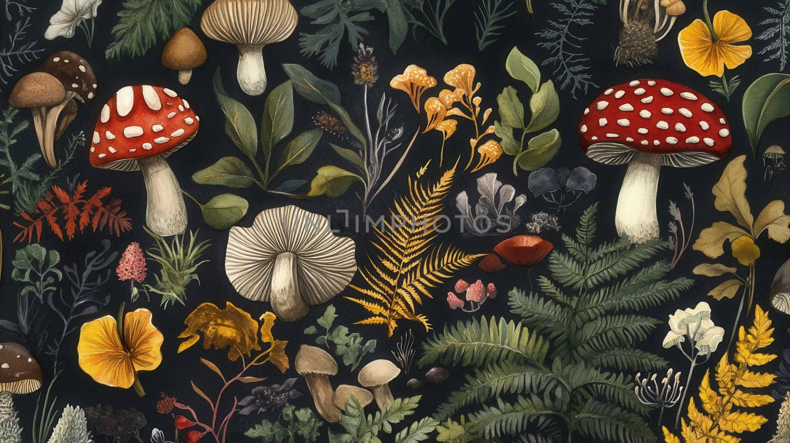 Detailed botanical illustration with mushrooms