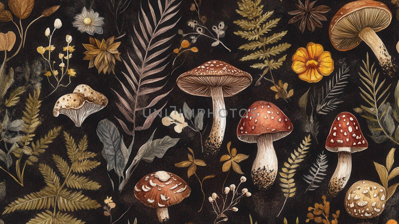Detailed botanical illustration with mushrooms