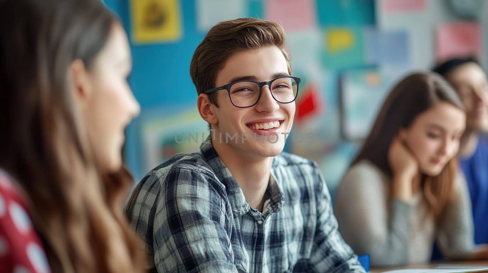 A young man in glasses smiles at a desk