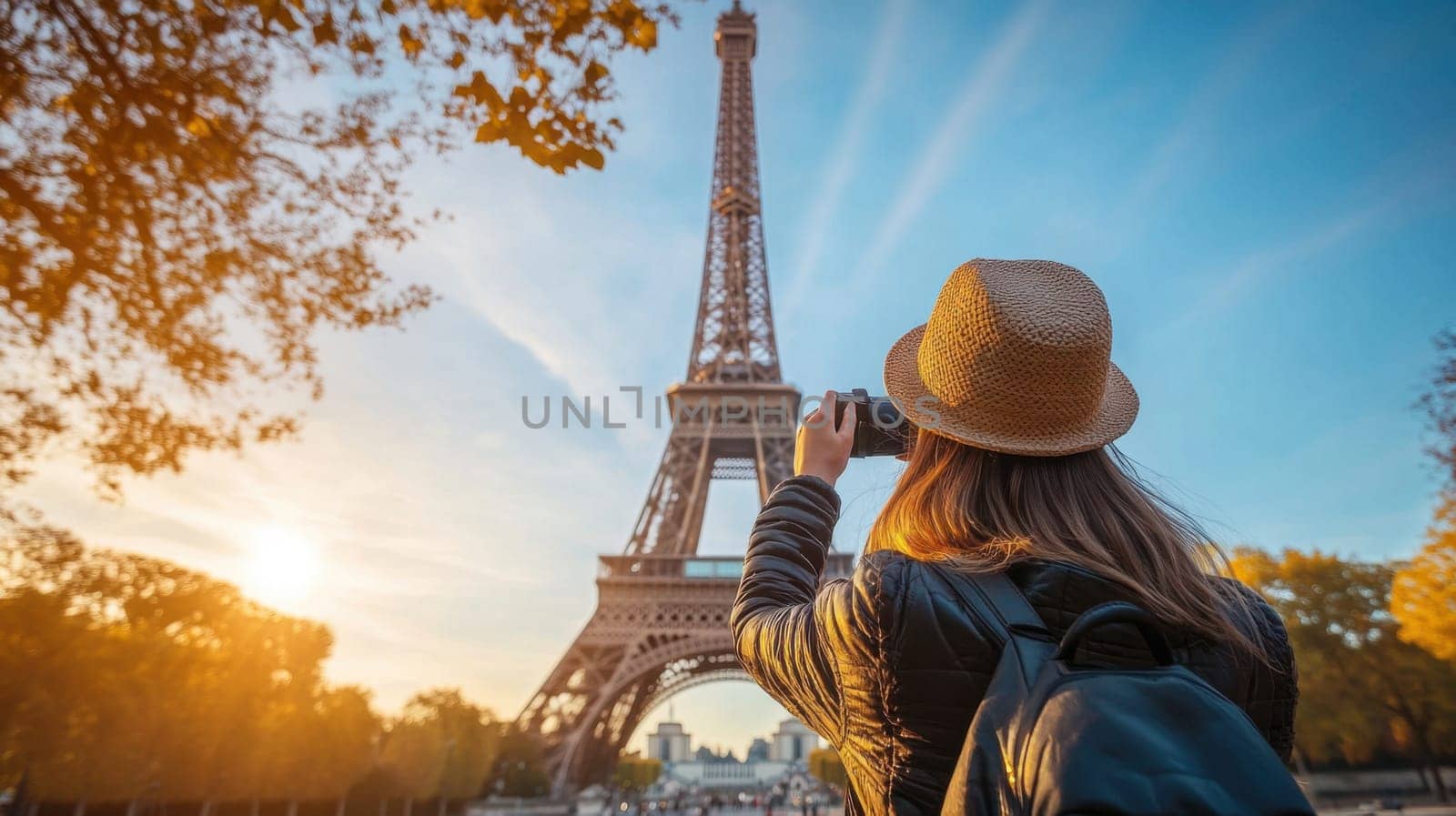 A girl takes a photo of the Eiffel Tower