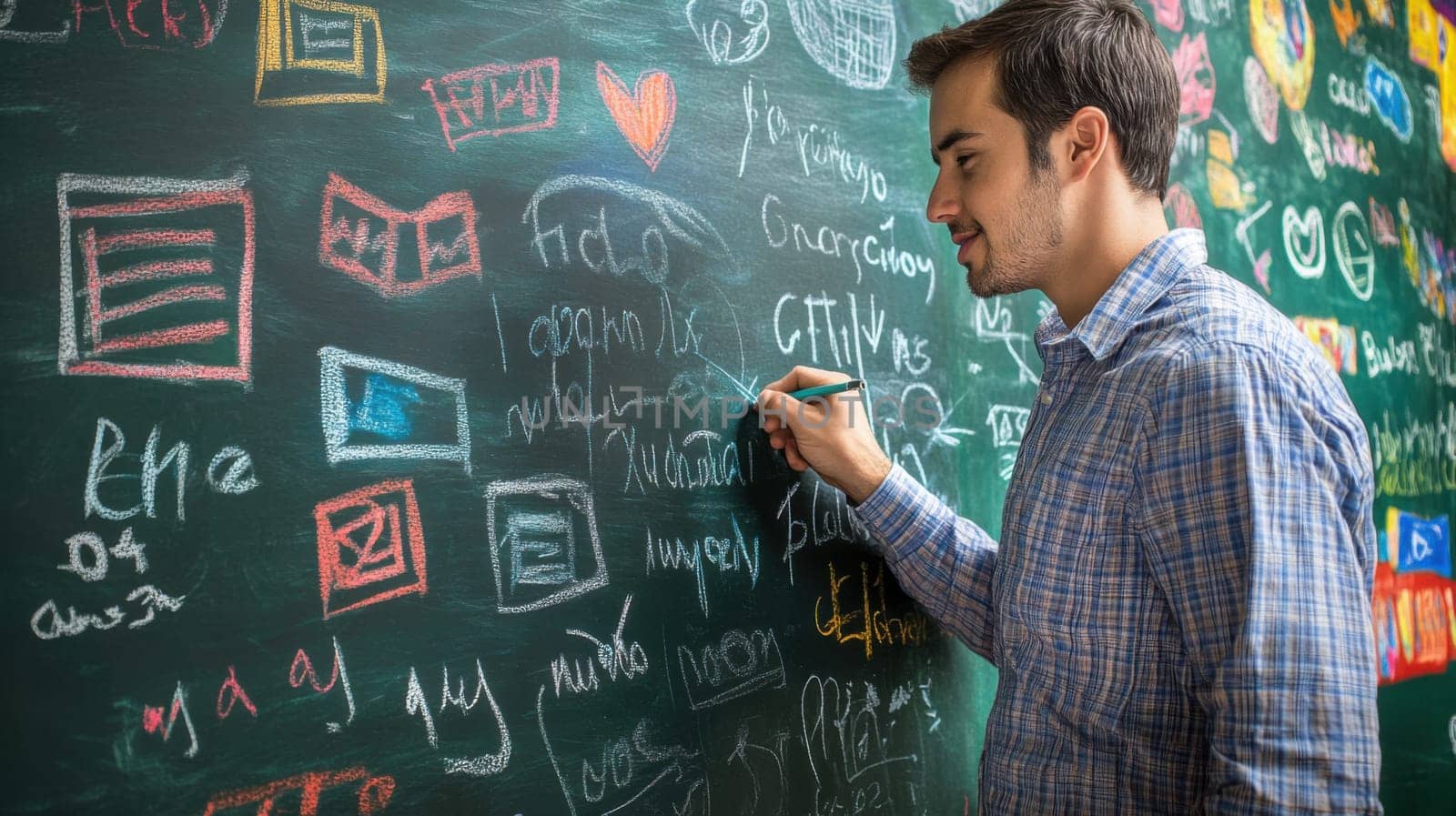 Teacher writing foreign words on a chalkboard background