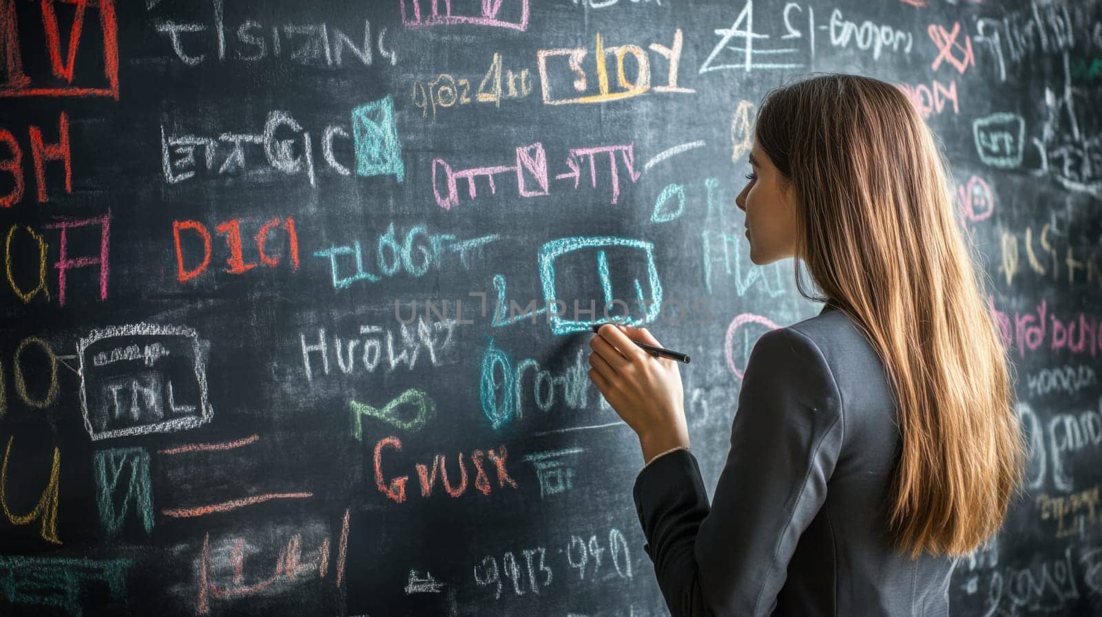 Teacher writing foreign words on a chalkboard background