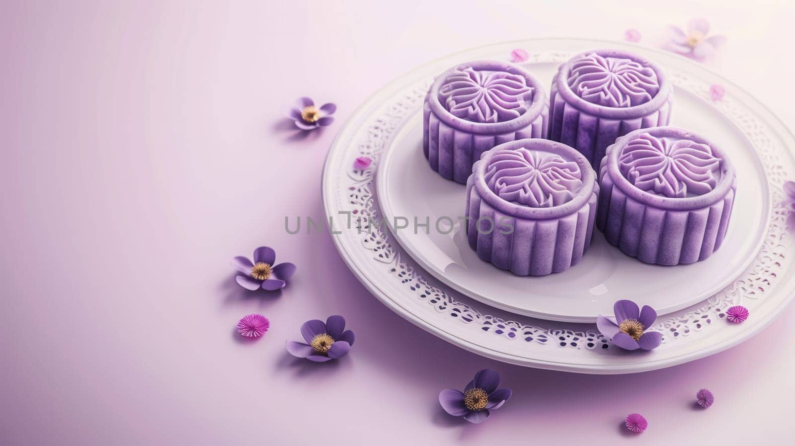 Delicious purple mooncakes beautifully arranged, complemented by exquisite purple flowers adorning the setting
