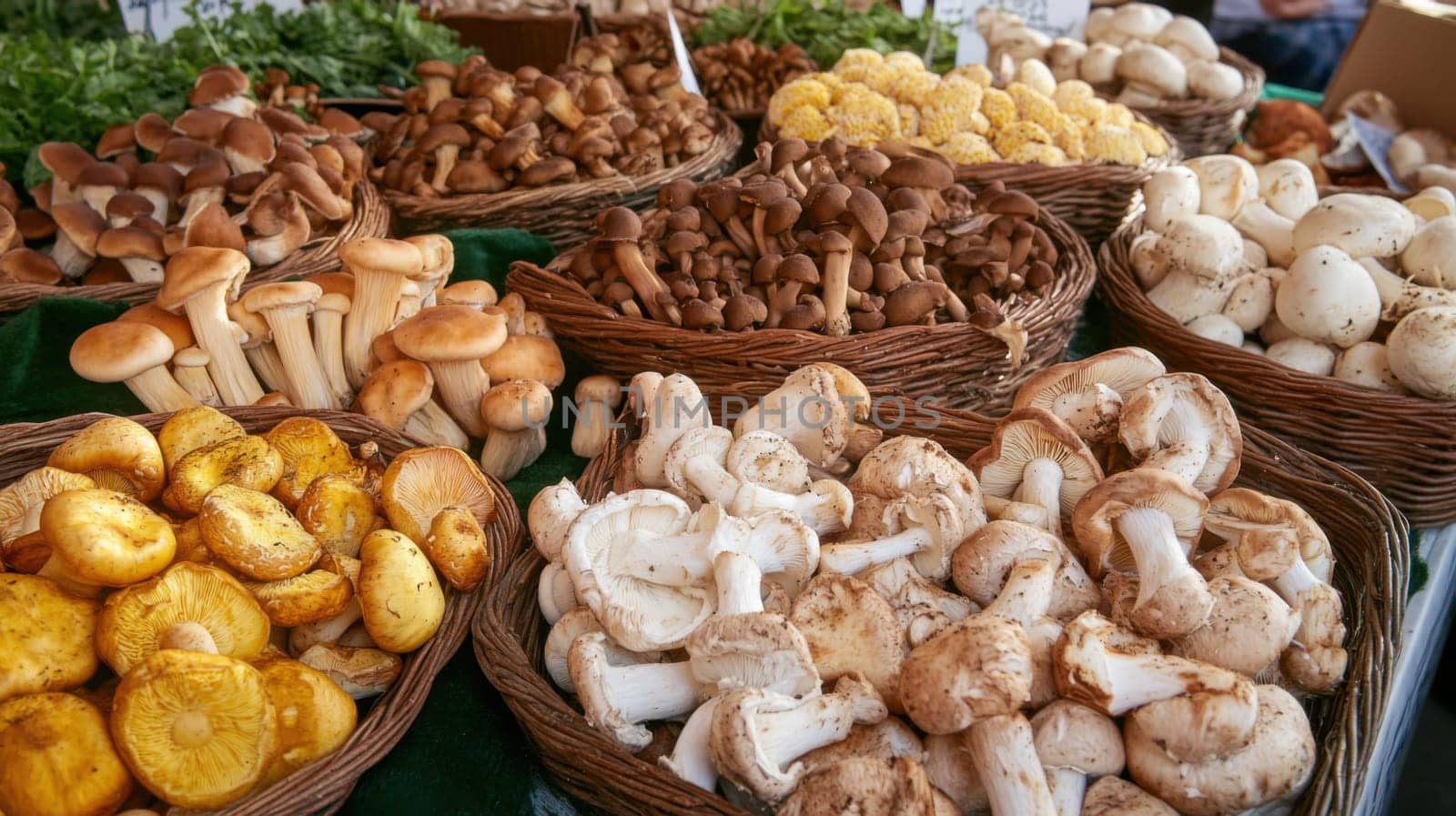 Farmers' market with mushrooms in containers