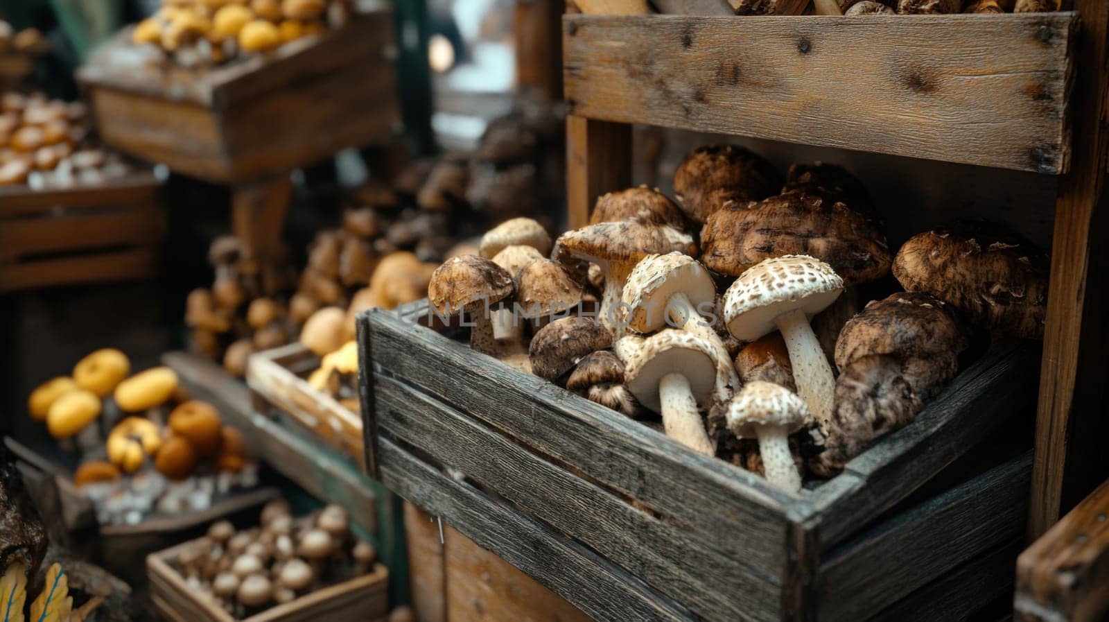 Farmers' market with mushrooms in containers