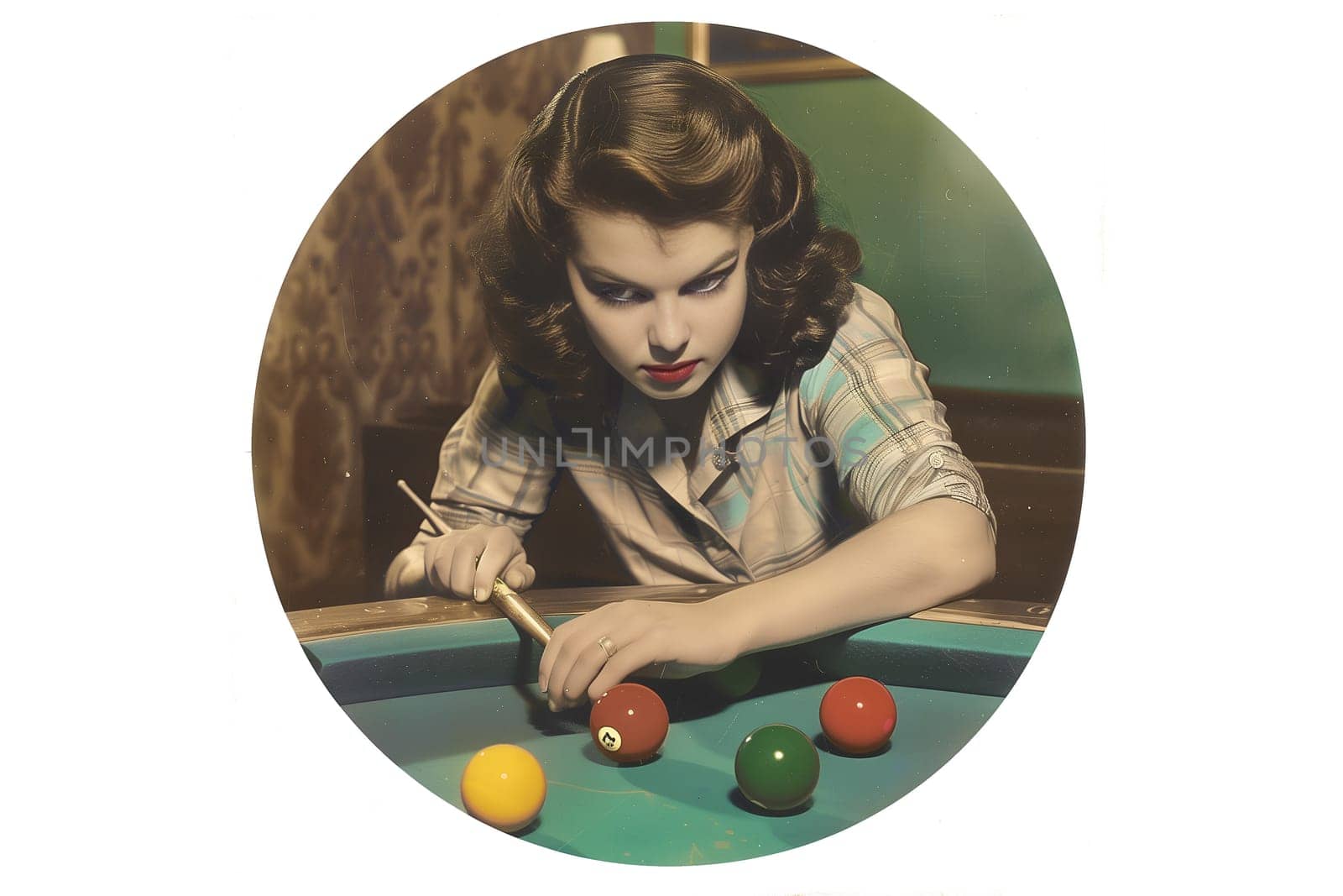 Vintage retro photo of a woman is playing pool cut out