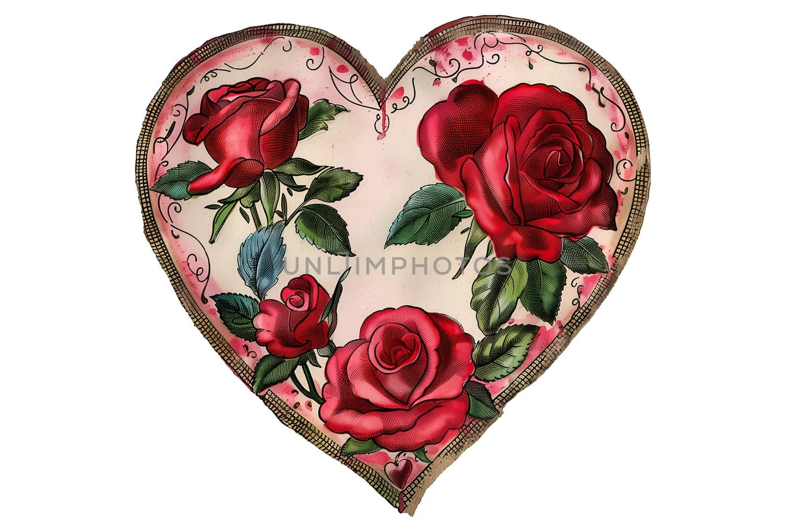 Retro illustration of red heart with roses and flowers in a vintage style for Valentine's Day