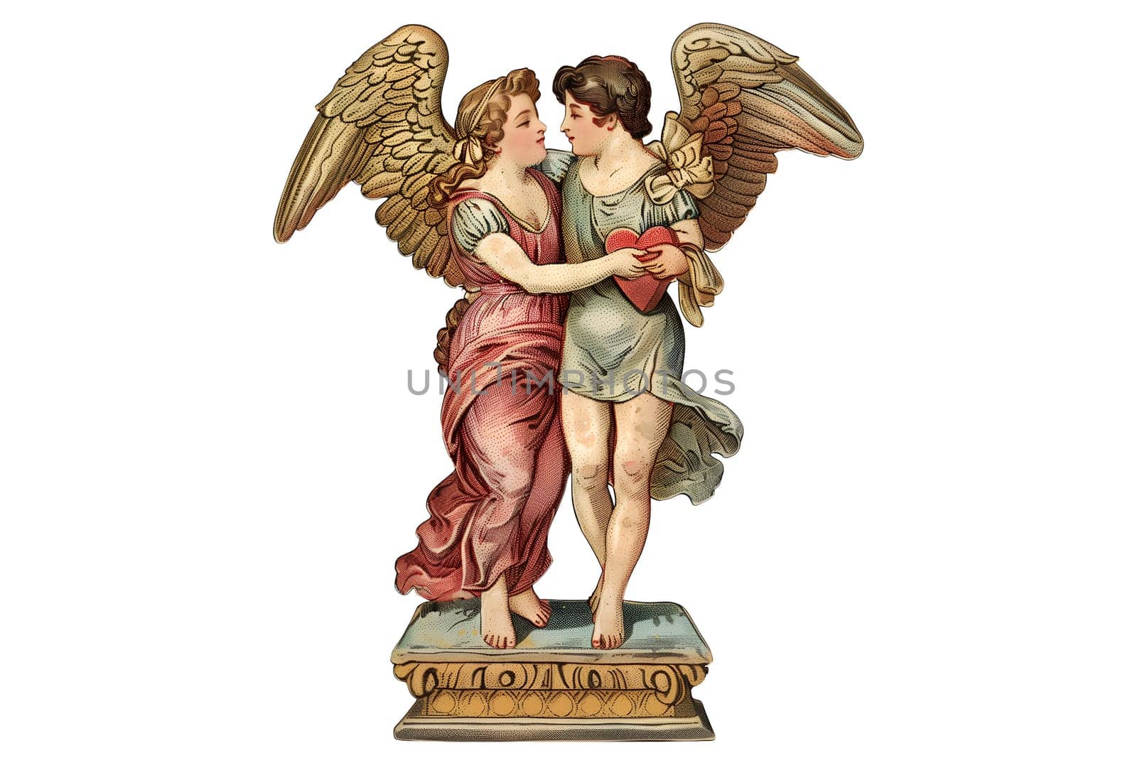 Vintage retro illustration of a statue of two lovers of a guy and a girl