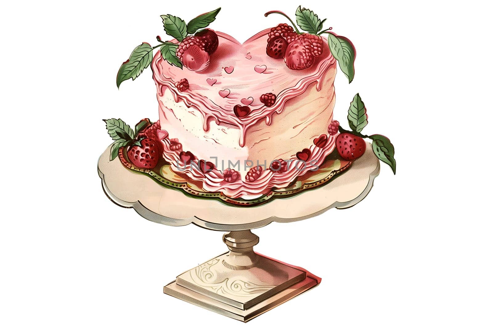 A pink fruit cake with raspberries on top cut out vintage illustration
