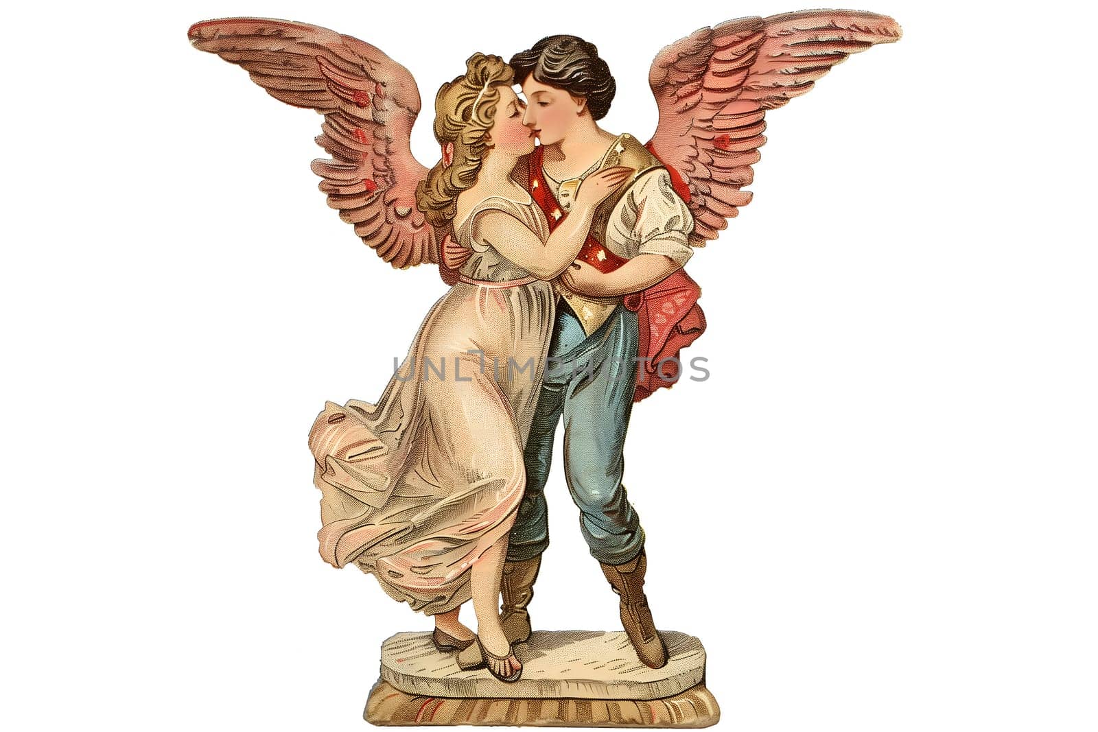 Vintage retro illustration of a statue of two lovers of a guy and a girl