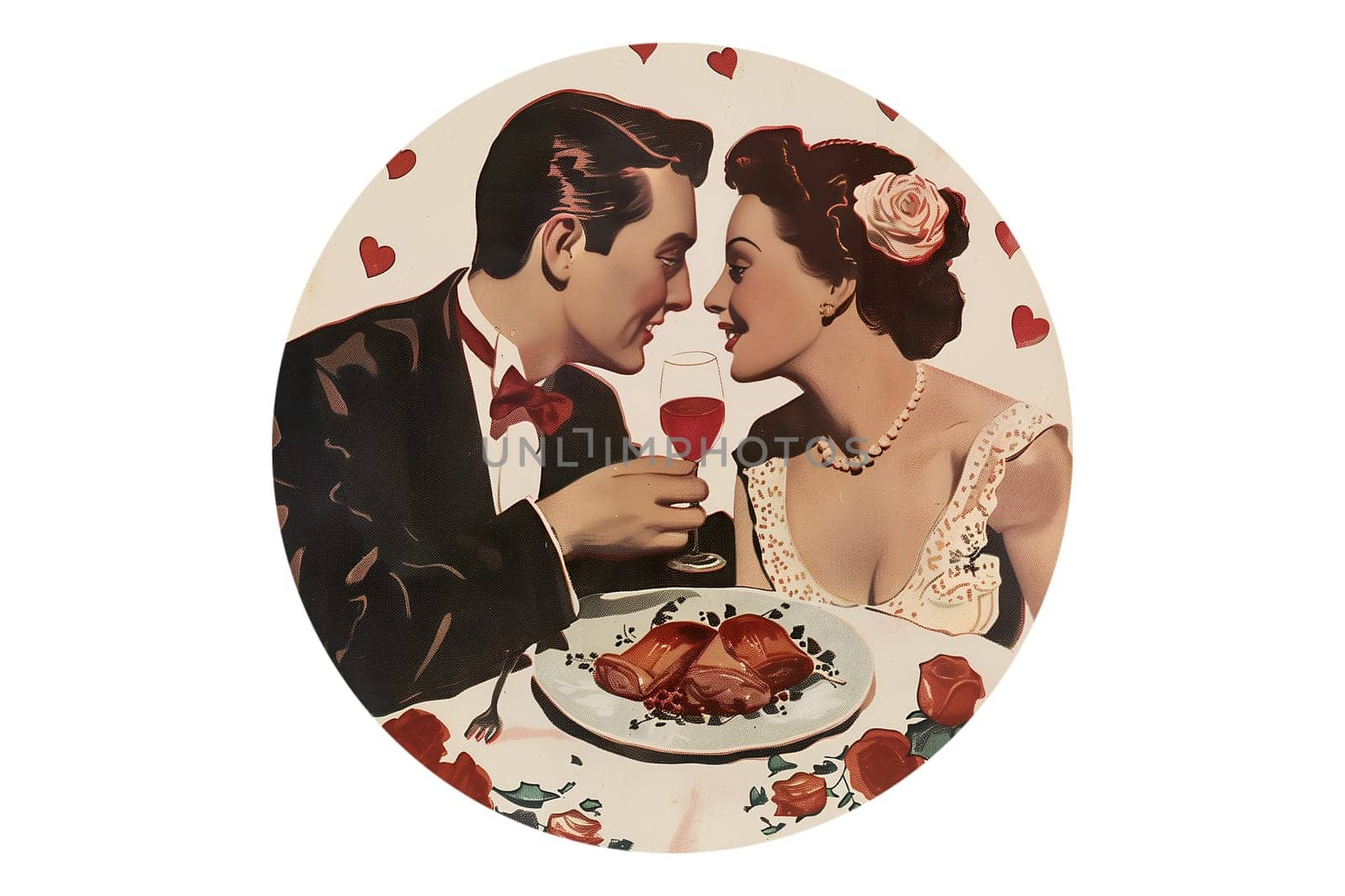 Retro vintage Valentine's Day illustration of a man and a woman kissing
