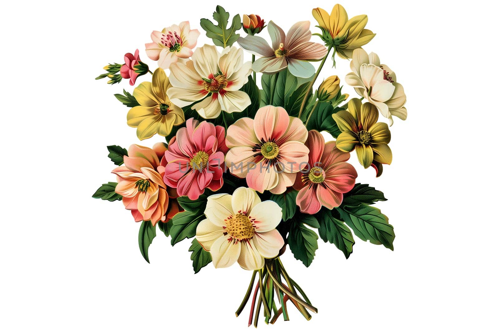 watercolor bouquet of various flowers isolated vintage cut out illustration
