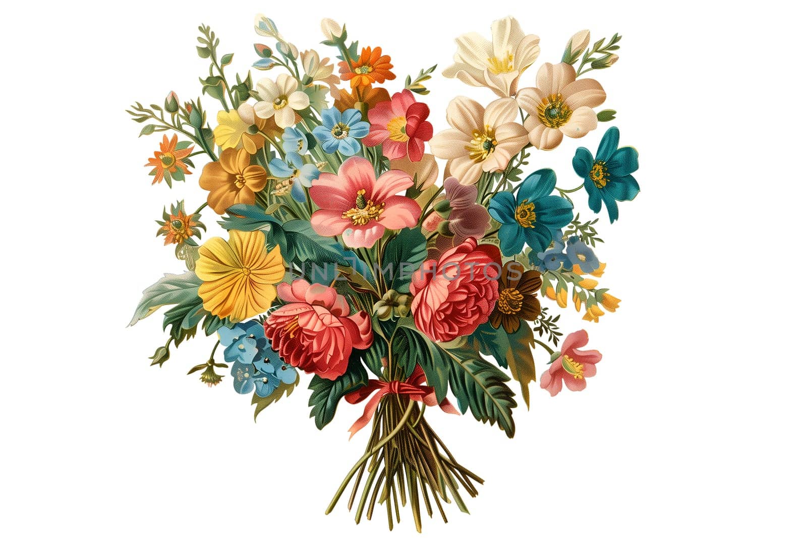 watercolor bouquet of various flowers isolated vintage cut out illustration