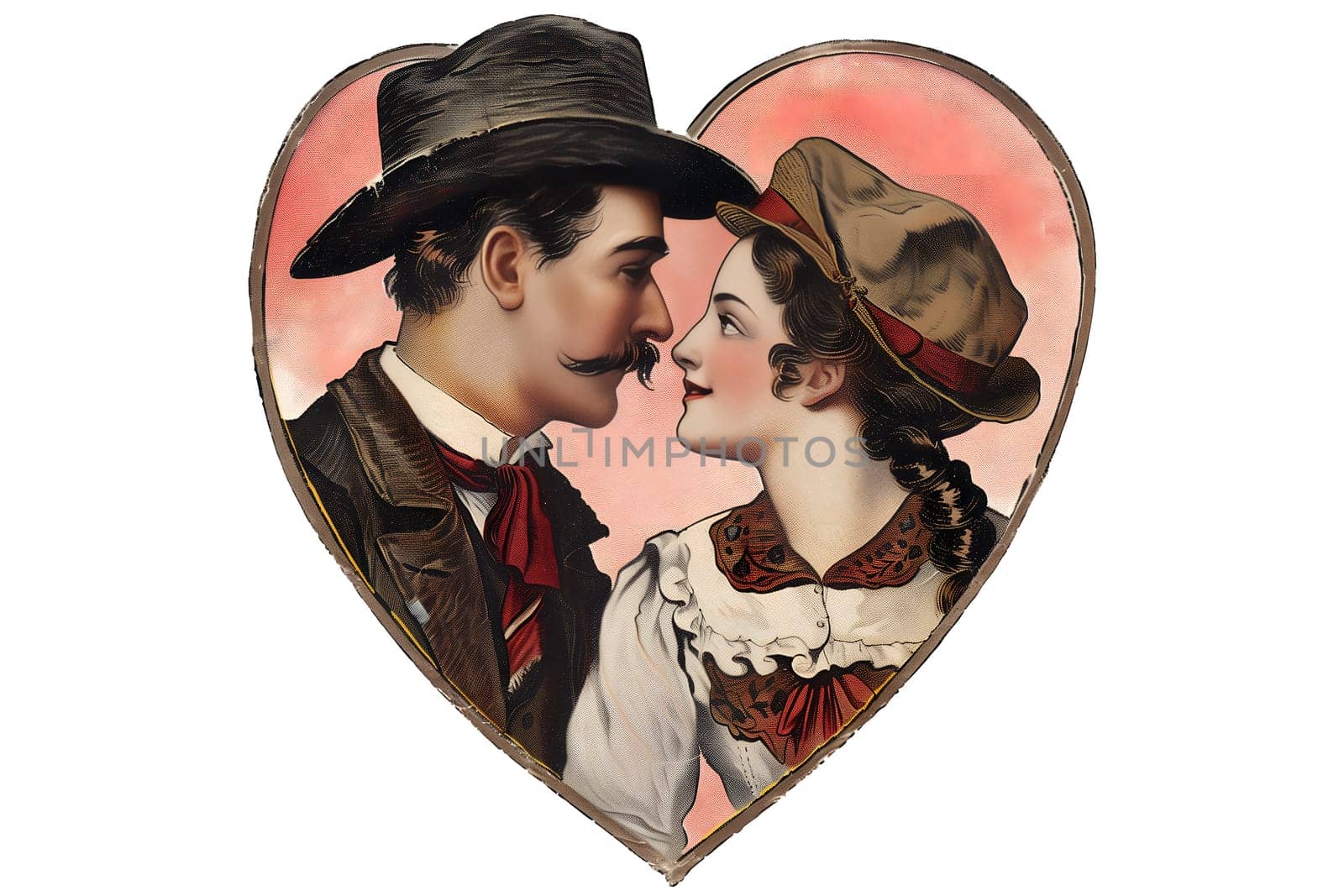 A man and a woman are kissing in a heart. The man is wearing a hat and the woman is wearing a hat