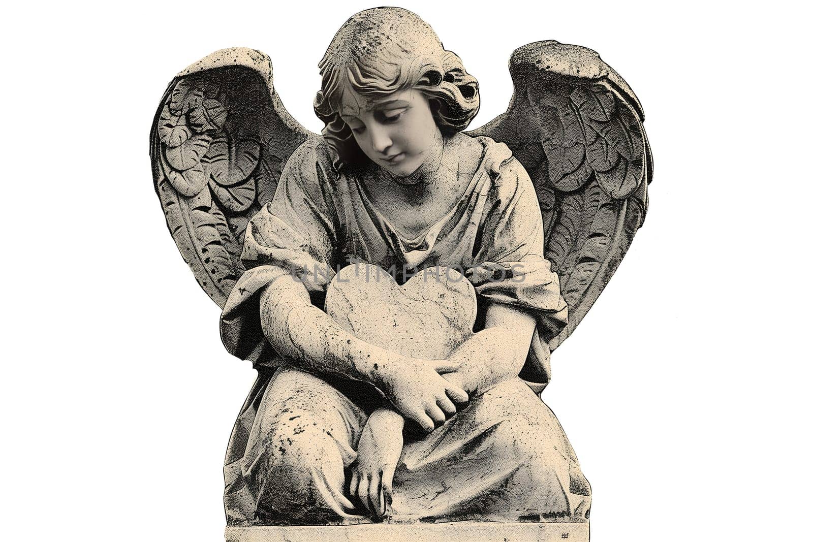 A statue of an angel holding a heart vintage cut out illustration