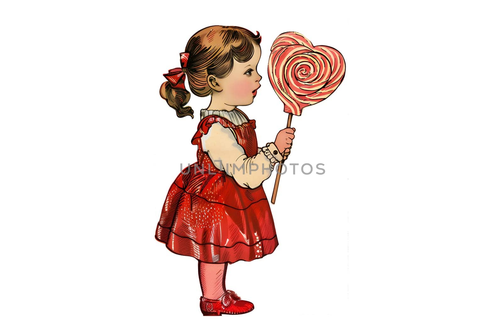 A little girl holding a red lollipop. The girl is wearing a red dress and has her hair in a ponytail. The image has a vintage feel to it, and the girl appears to be enjoying her candy