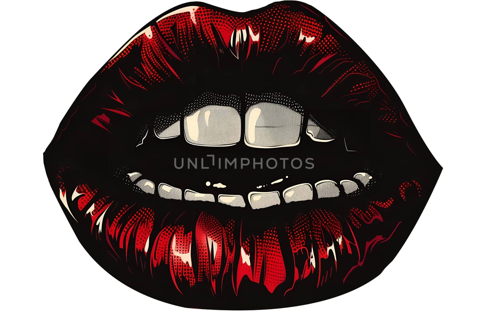 A close up of a red lip with a white background. The lip is painted with a glossy finish, giving it a shiny and seductive appearance. Concept of sensuality and confidence