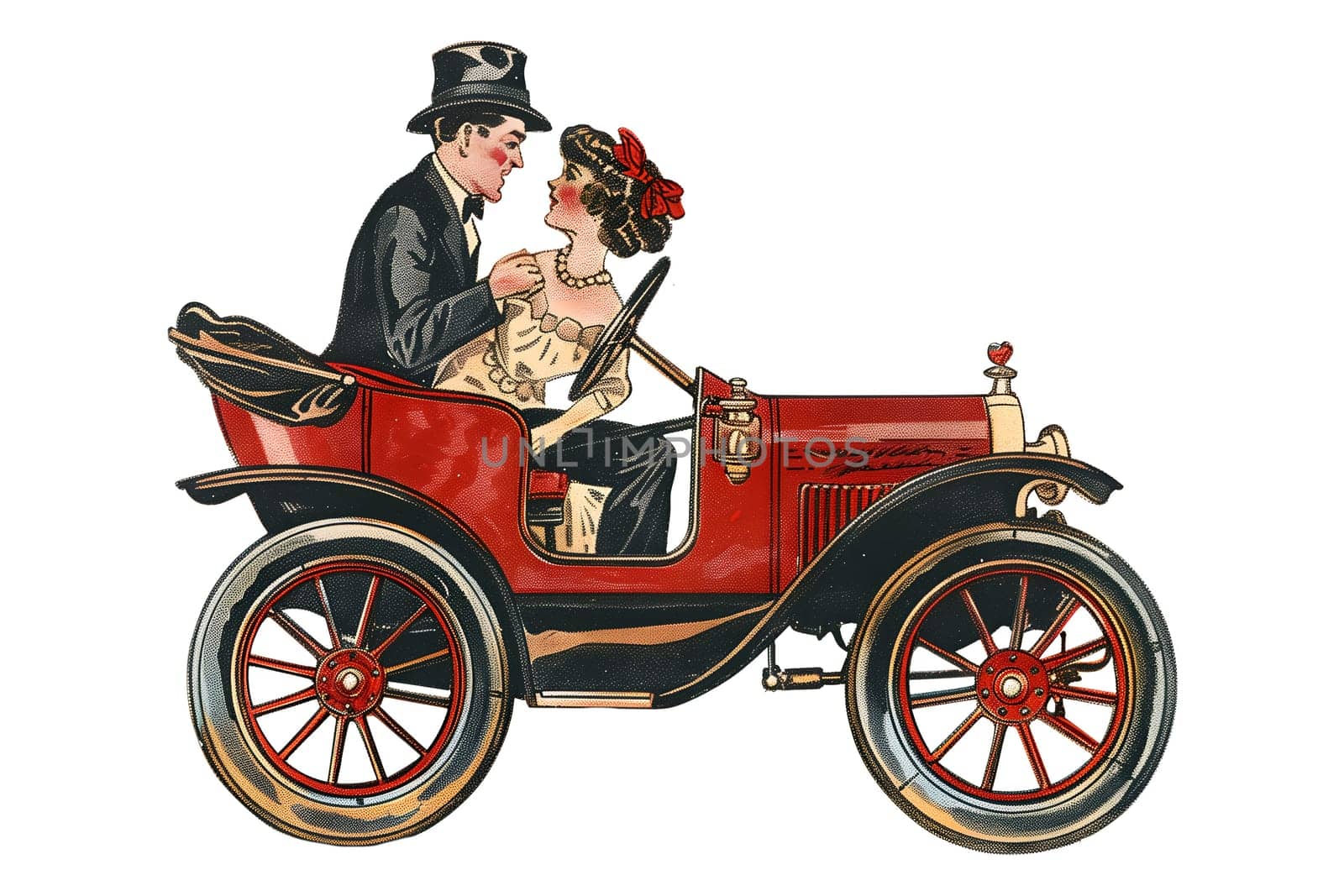 A man and a woman are in a red car. The man is wearing a hat and the woman is wearing a dress. The car is an old-fashioned model