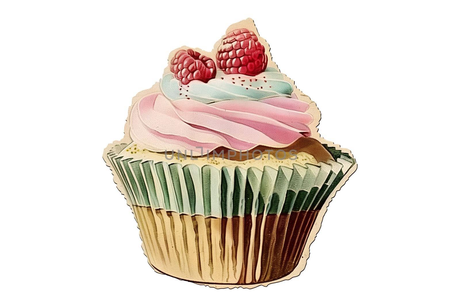 A cupcake with pink frosting and raspberries on top