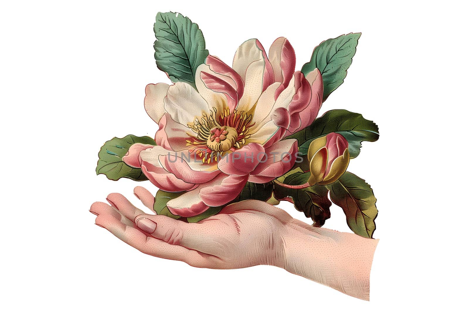 A hand holding a rose with a stem. The image has a vintage feel to it