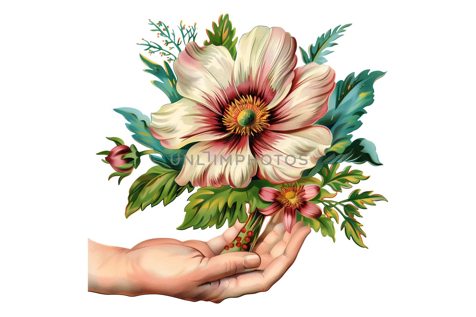 A hand holding a rose with a stem. The image has a vintage feel to it