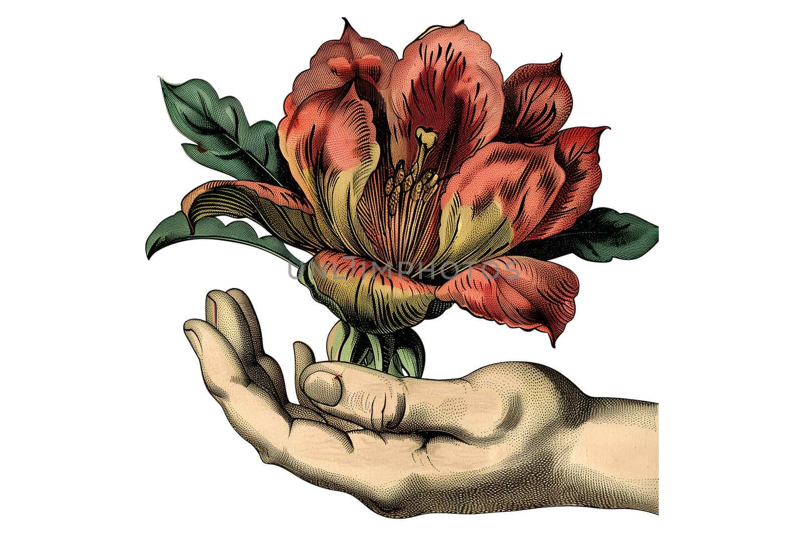 A hand holding a rose with a stem. The image has a vintage feel to it