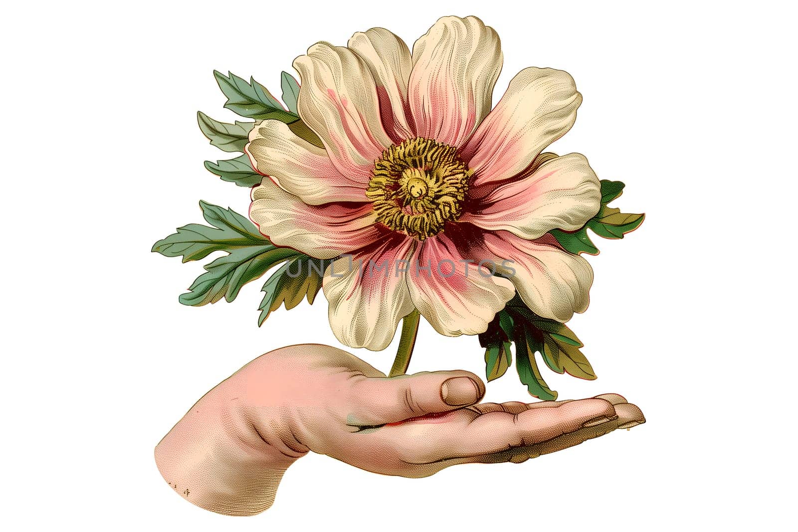 A hand holding a rose with a stem. The image has a vintage feel to it