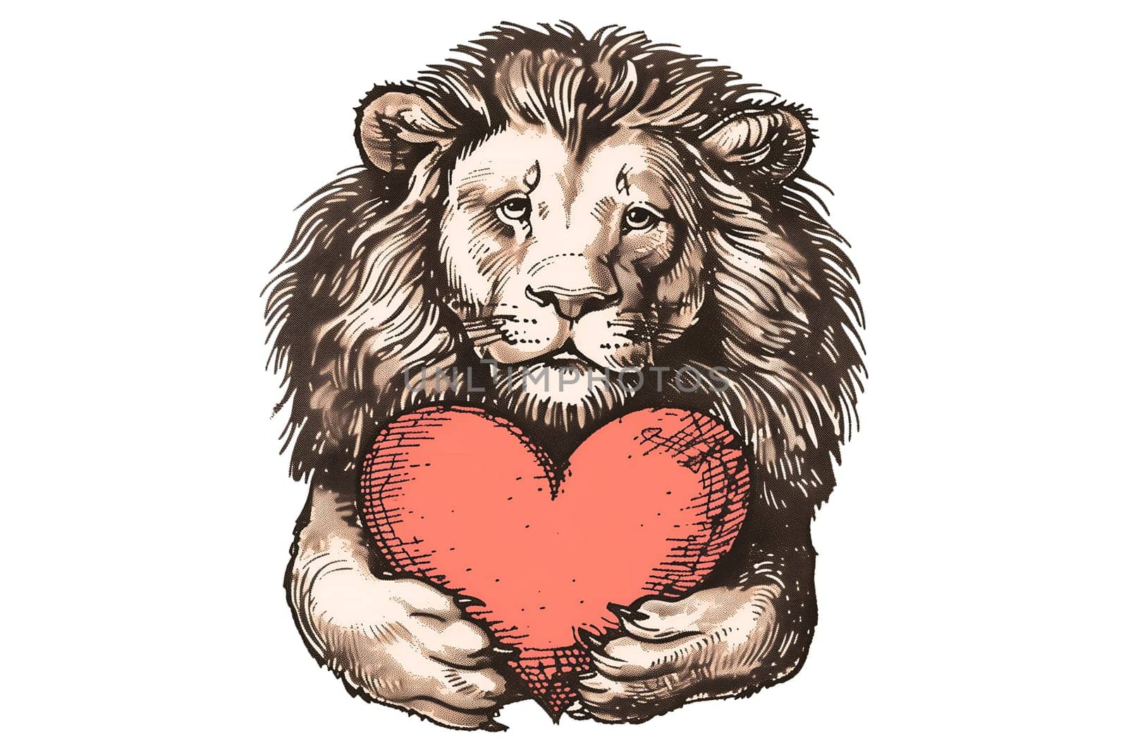 A lion is holding a heart in its mouth