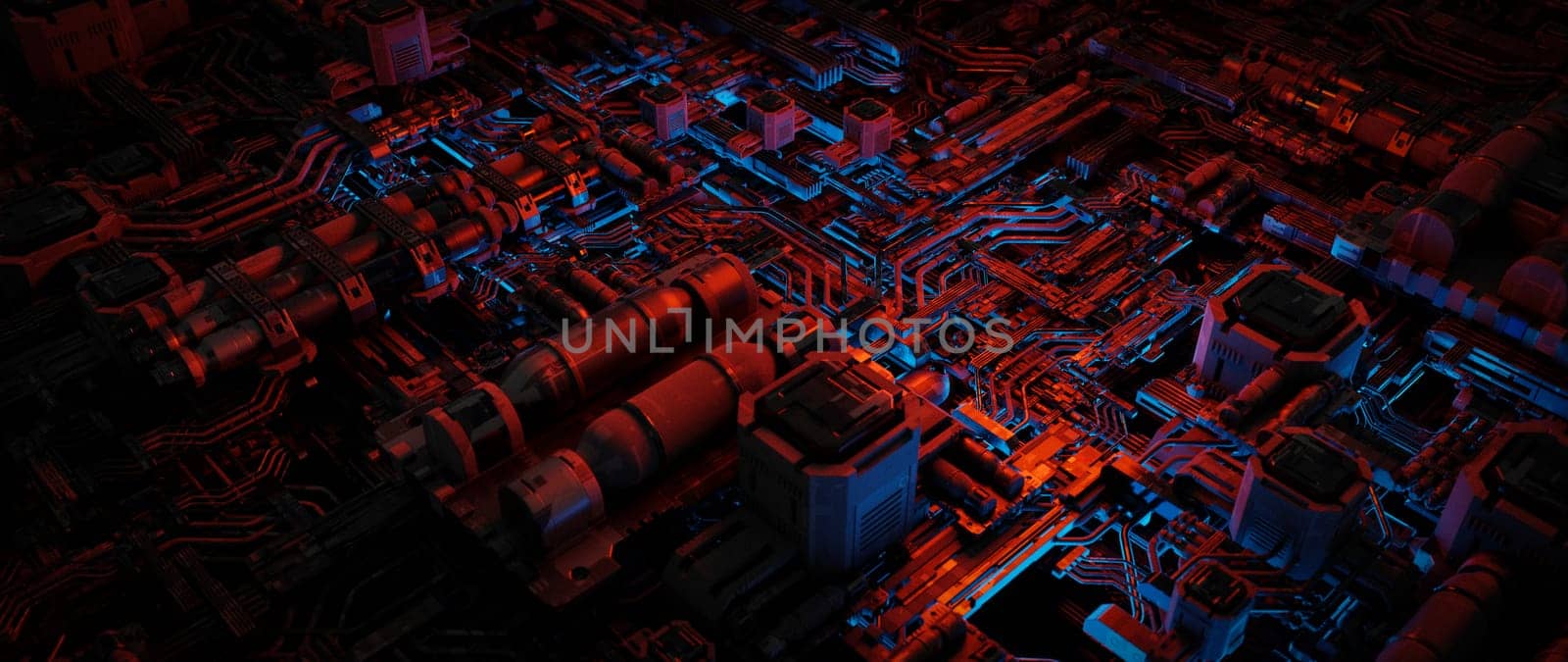 Abstract 3D render of complex circuitry in red and blue neon light