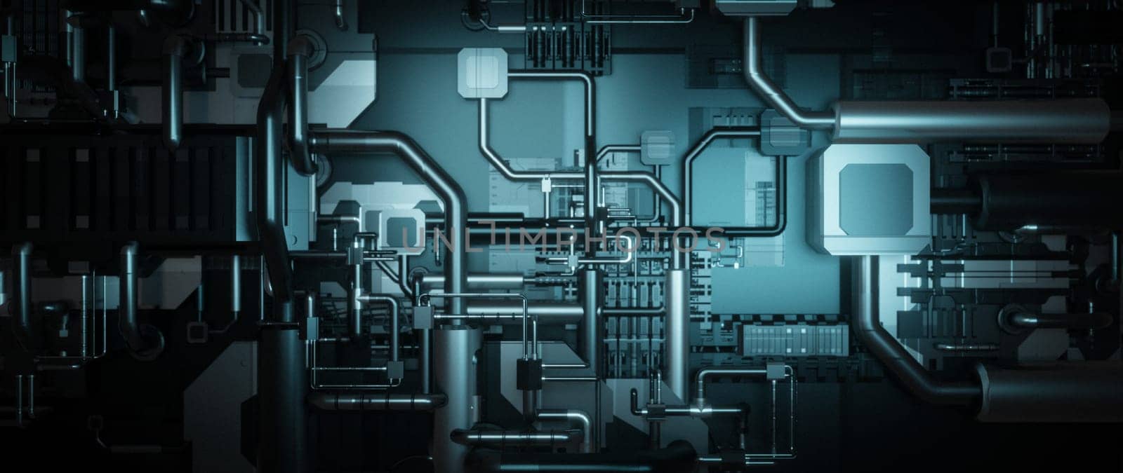 Abstract illustration of a futuristic machine with intricate metal parts and pipes, evoking a sense of technological advancement and complexity.
