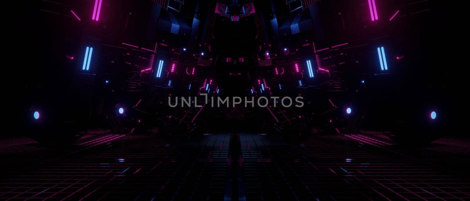 A mesmerizing and futuristic neon corridor, with bright pink and blue lights illuminating the dark, geometric environment.