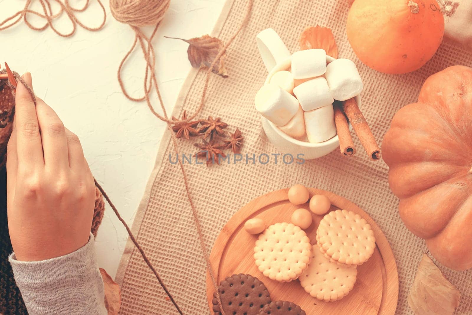 Cozy autumnal scene with knitting, assorted cookies, marshmallows, and pumpkins. Perfect for fall themes.