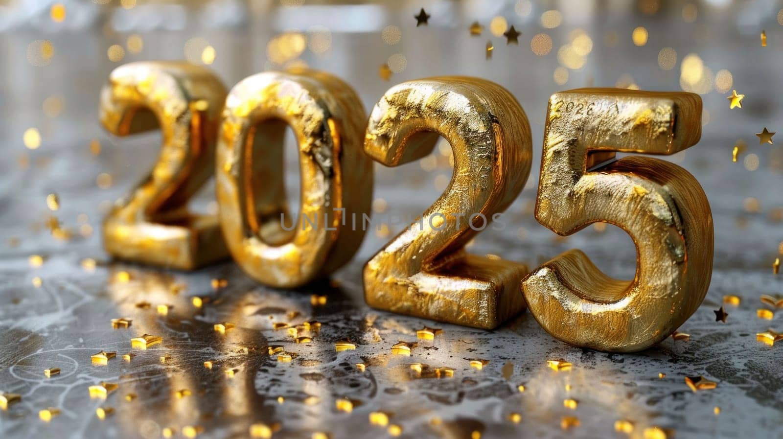 Festive gold colored numbers surrounded by shimmering golden confetti on a glossy background