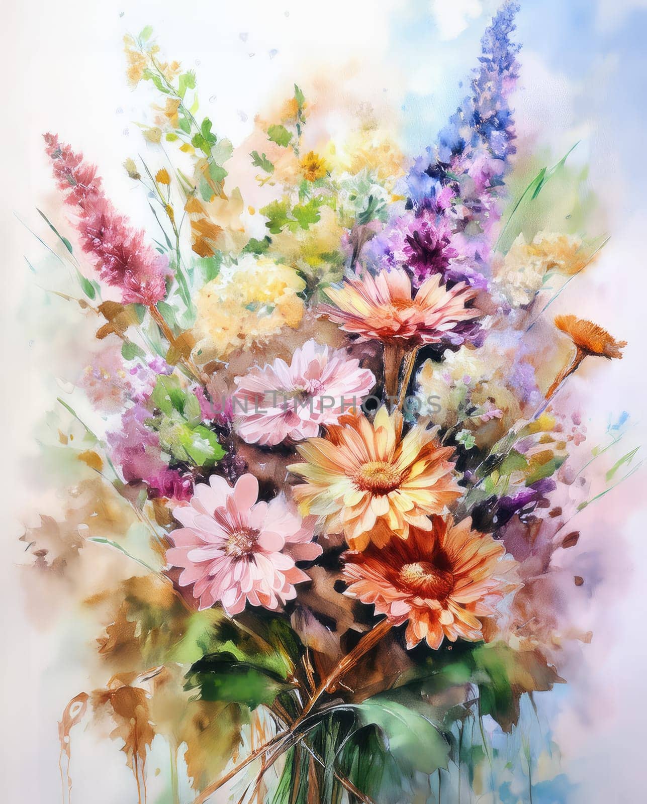 Romantic bouquet of beautiful flowers. Watercolor painting. Design for fabric, wallpaper, greeting card