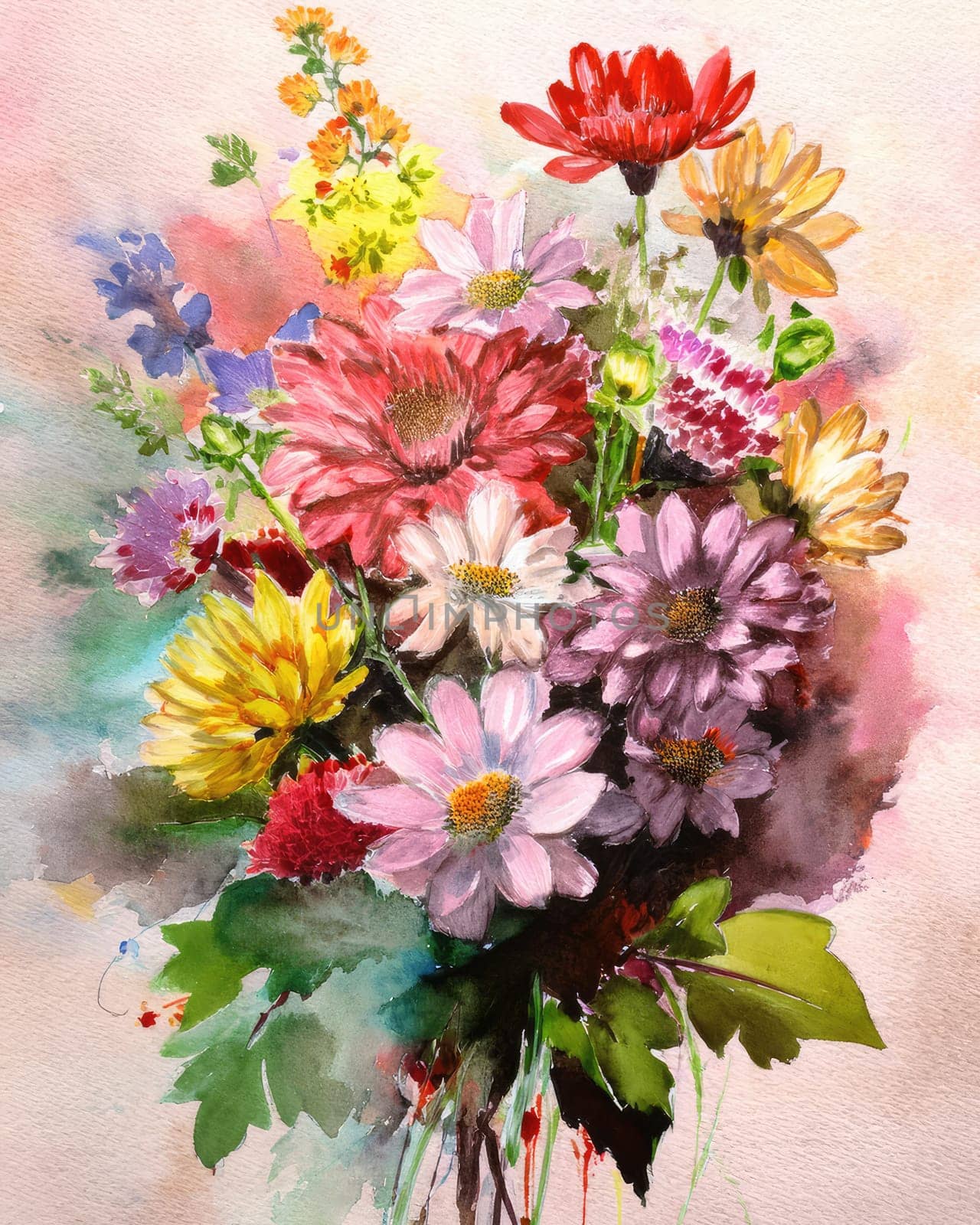 Romantic bouquet of beautiful flowers. Watercolor painting. Design for fabric, wallpaper, greeting card